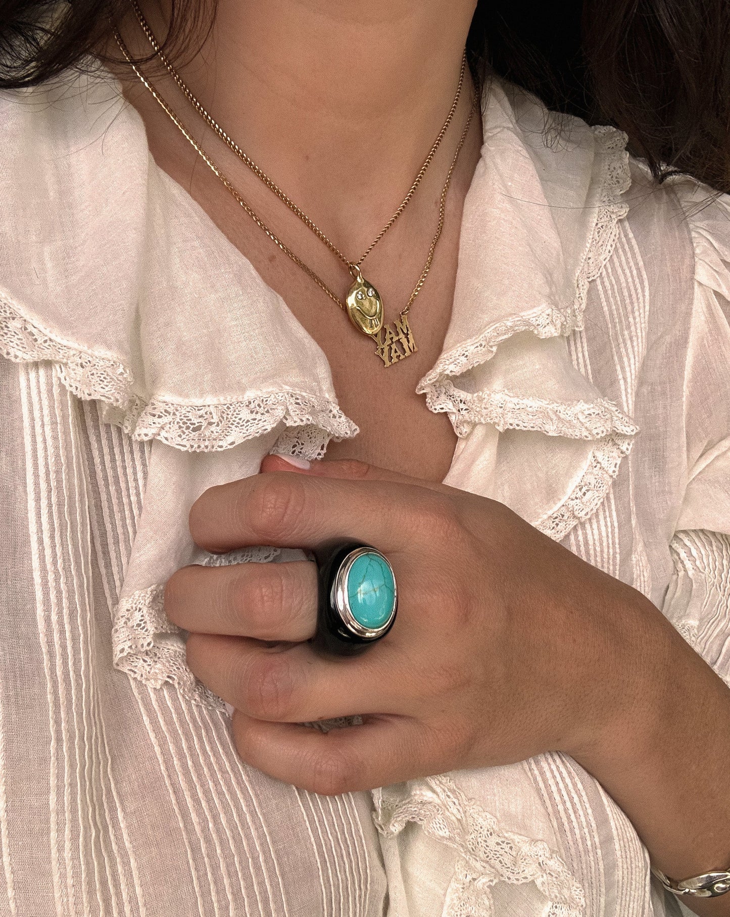Vintage Carved Onyx & Turquoise Ring