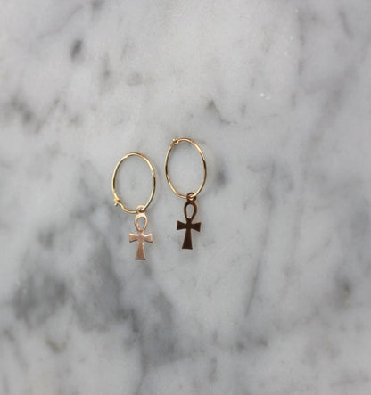 14K Ankh Cross Hoops